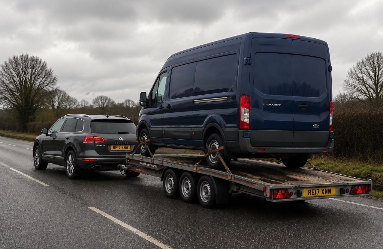 Recovery transporter carrying a van on a UK road